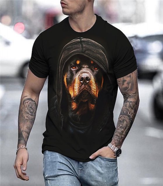Dog Street Mens 3D Shirt | Black Summer Cotton | Men'S Tee Animal Round Neck Yellow 3D Print Plus Size Party Daily Short Sleeve Clothing Apparel Streetwear Chic &